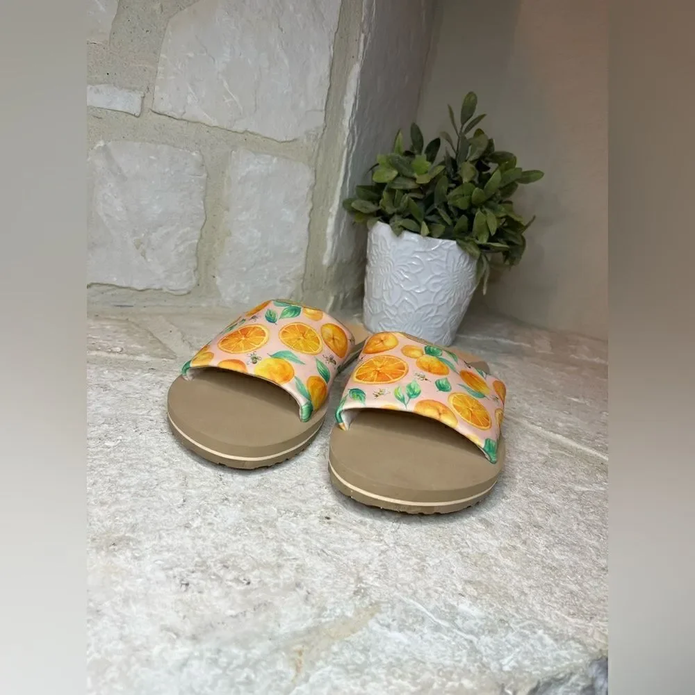 TOMS Carly Pale Pink Fabric Sunkissed Oranges Slip On Slides Sandals sz 11